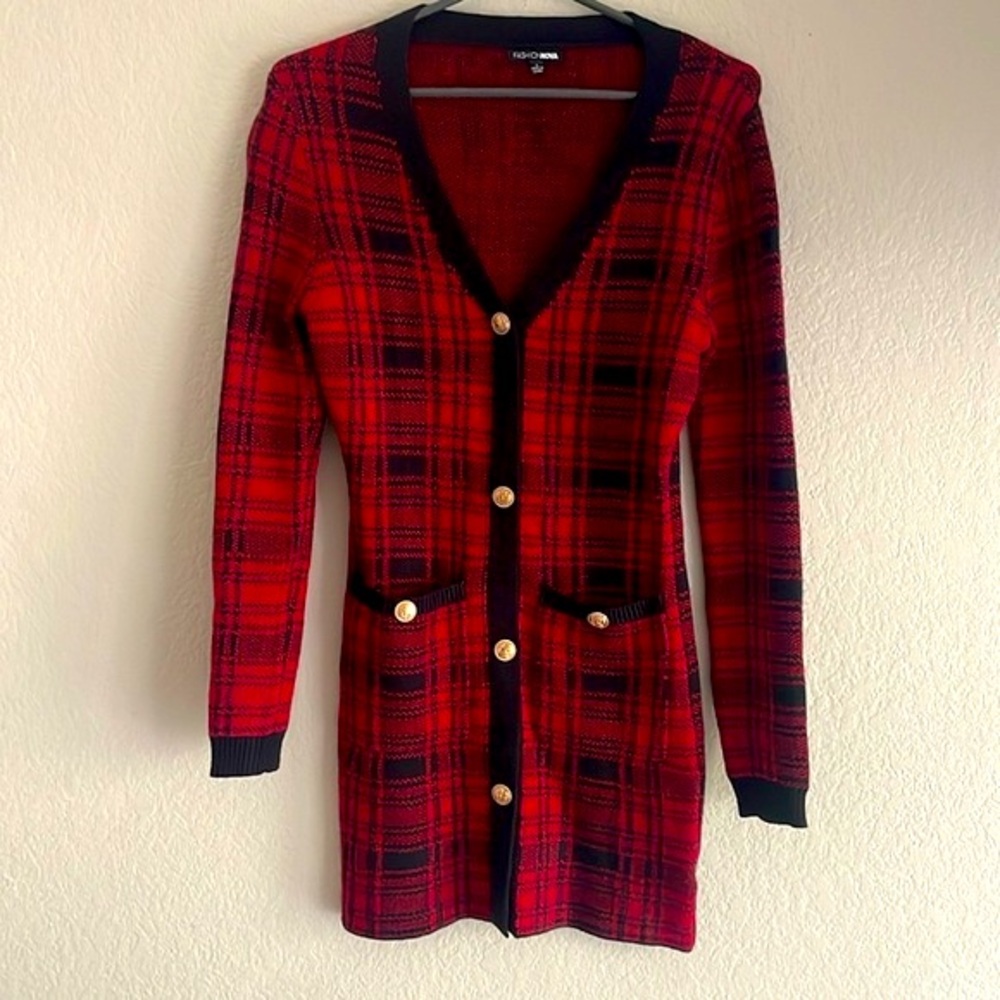 FASHION NOVA RED AND BLACK CARDIGAN DRESS W/ GOLD BUTTONS